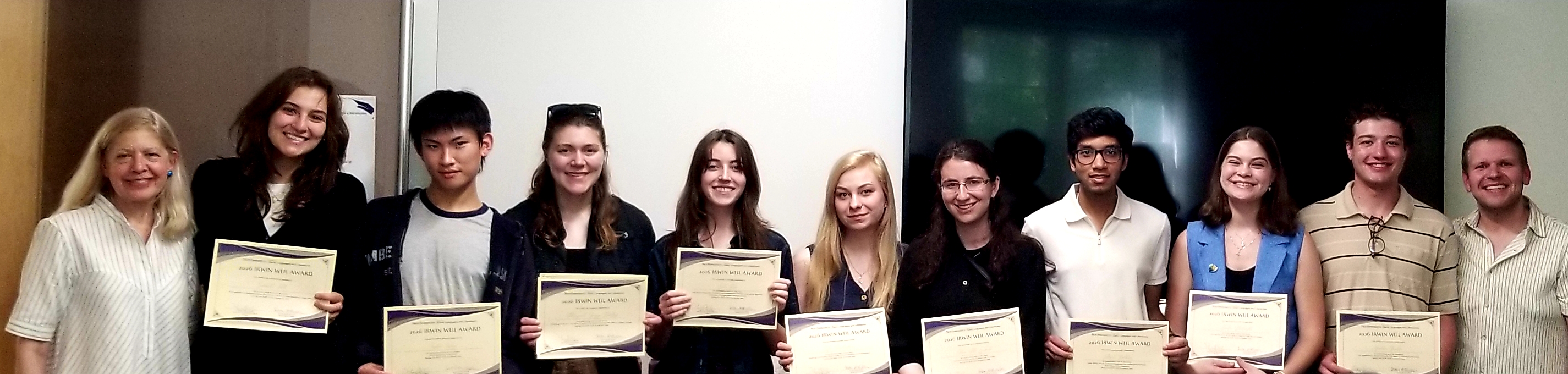 Irwin Weil award winners flanked by Alice Weil and Director of Undergraduate Studies, Michal Wilczewski
